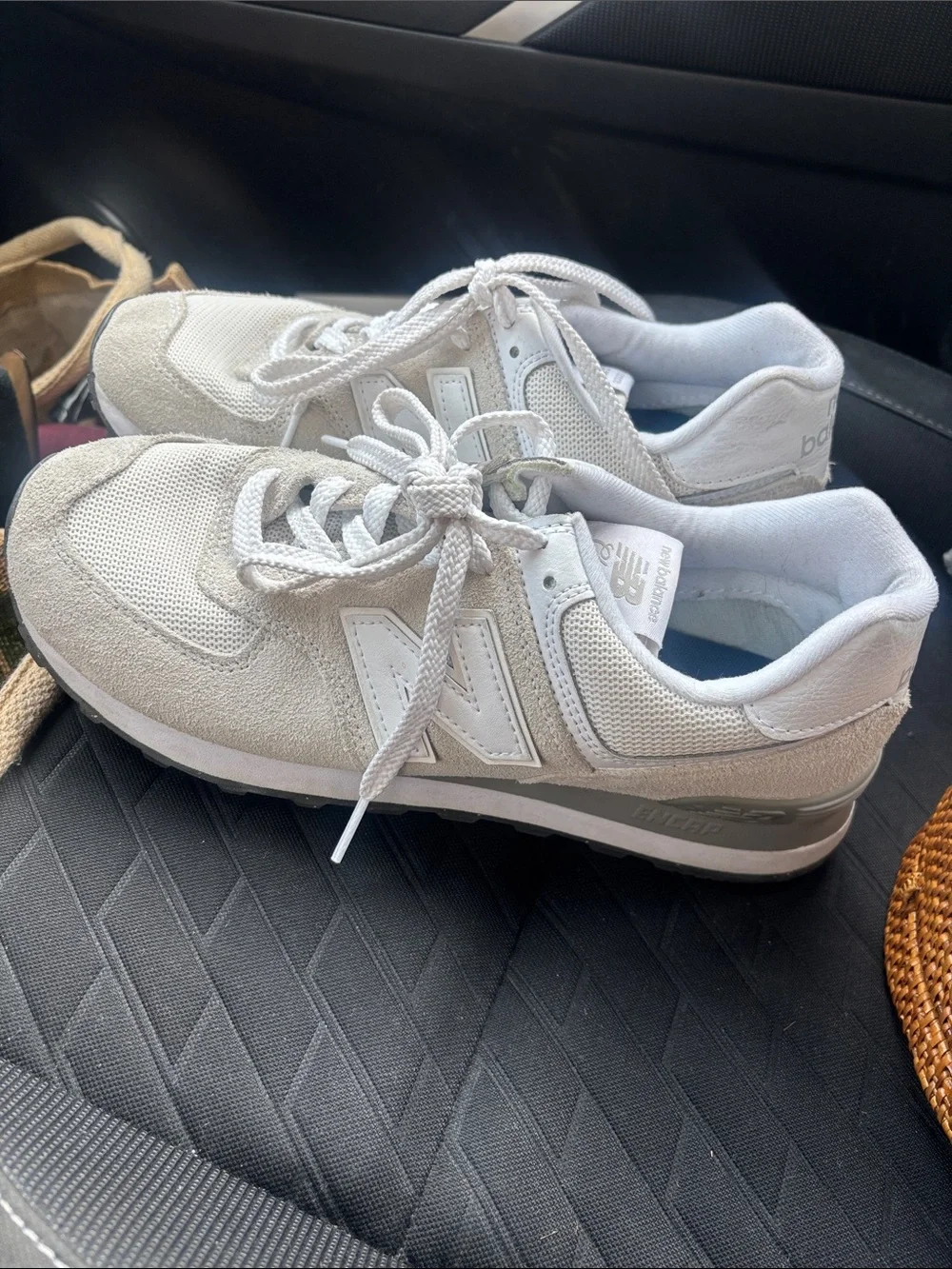 New Balance Off-White and Light Gray Suede Mesh Sneakers